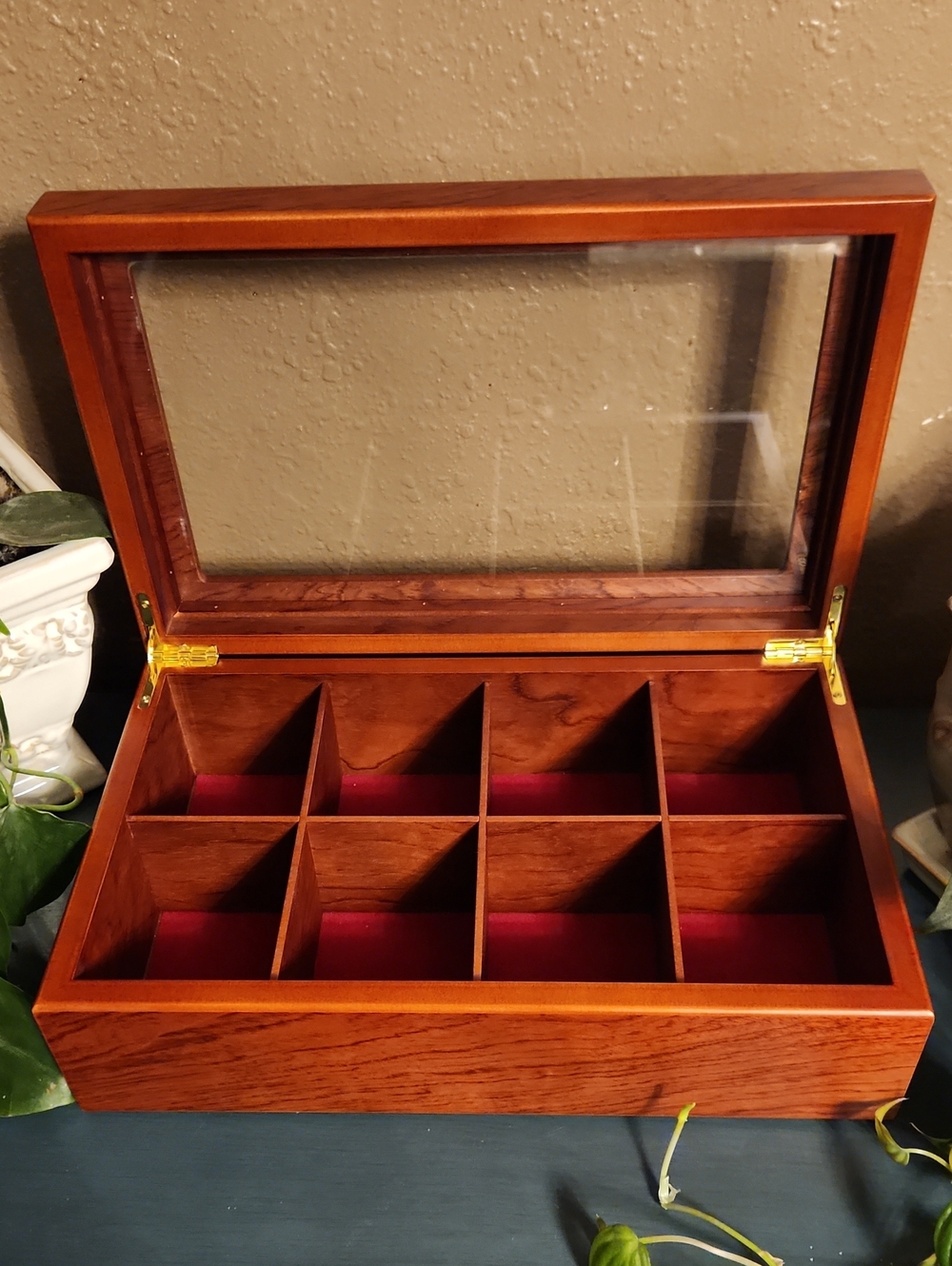 Luxury Wooden Tea Or Jewelry Organizer Box with Glass Lid - Cherry Wood